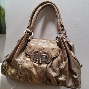 Metallic Gold Women's Satchel Handbag with Turn-Lock Accent